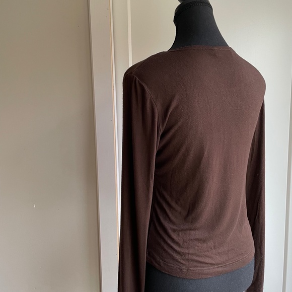 Long Sleeve Tee Dressy. Top Sheer Neck, Raw Seems, Flattering Criss Cross - Picture 2 of 10